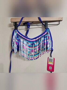 Hula Honey Fringe Bikini Top in Bright Blue with Multicolor Fringe M Nwt